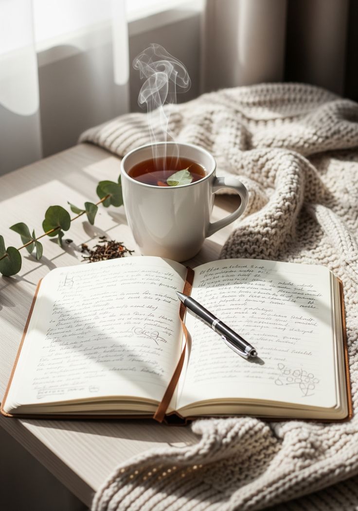 Person journaling beside a cup of herbal tea in a calm morning setting